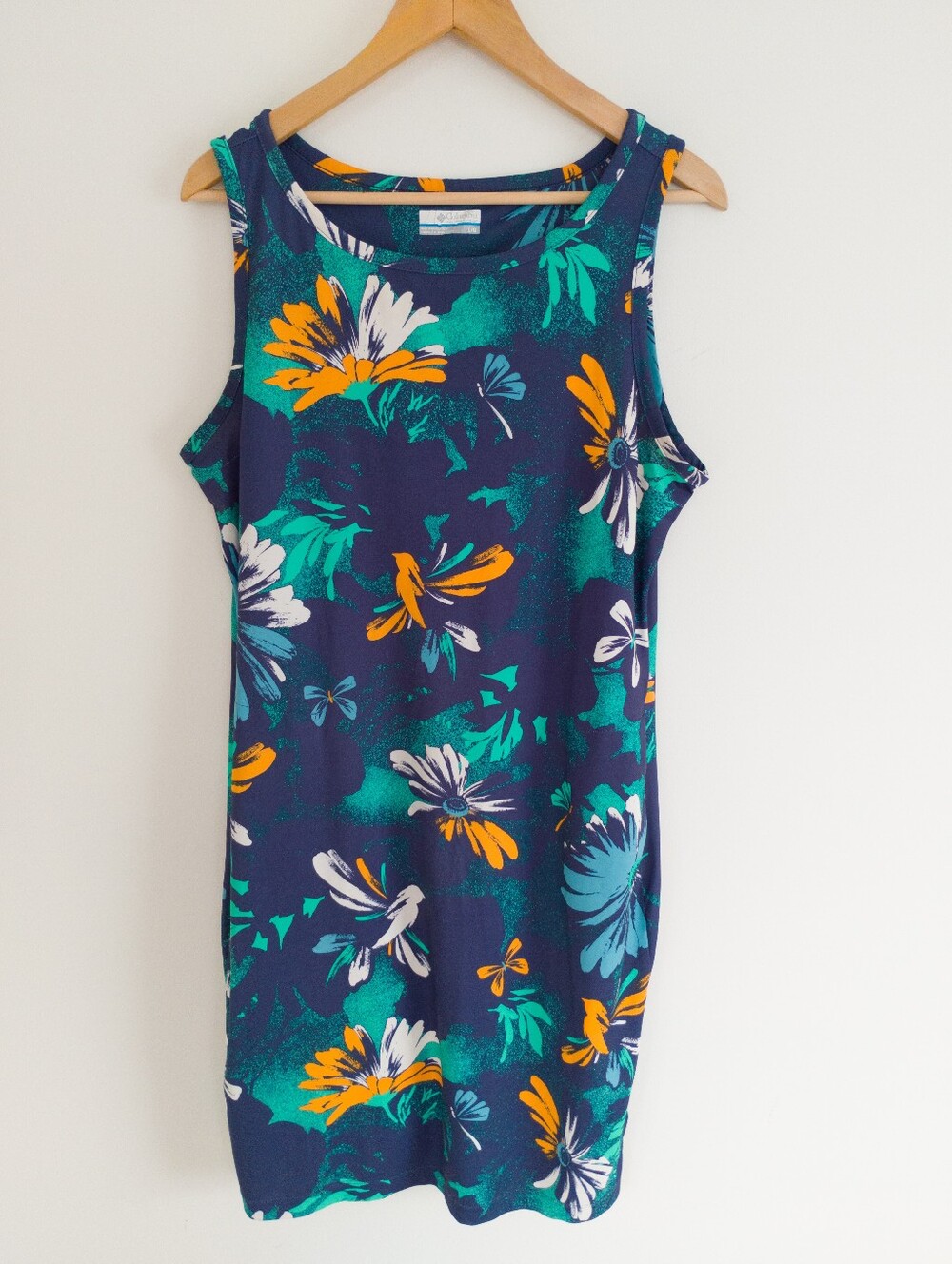 Columbia Chill River Printed Dress Large Floral Navy Blue Sun Pocket UPF 50 L